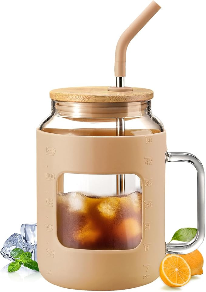 50 oz Glass Water Bottles with Silicone Sleeve,Glass Tumbler with Lid and Straw,Iced Coffee Cup w... | Amazon (US)