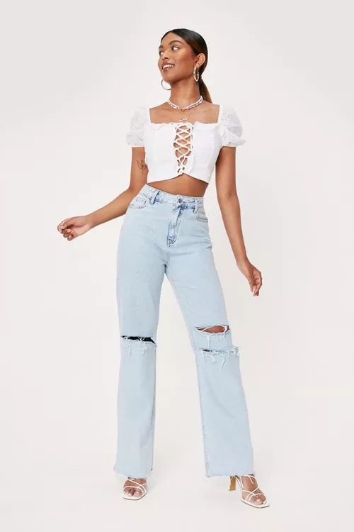 Broderie Lace Up Crop Blouse | Nasty Gal (US)