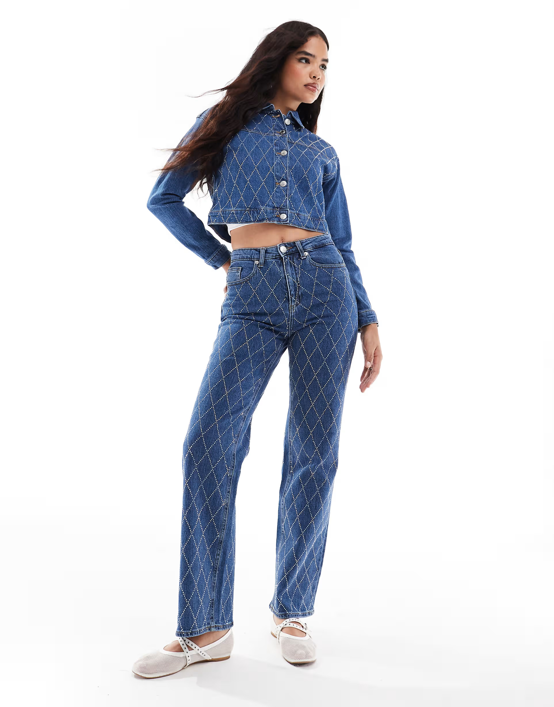 Vero Moda rhinestone denim jacket co-ord in medium blue | ASOS (Global)