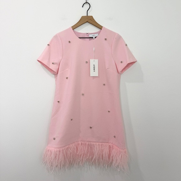 NWT Likely Jeweled Marullo Dress Rose Shadow Pink Feather Hem Size 10 | Poshmark