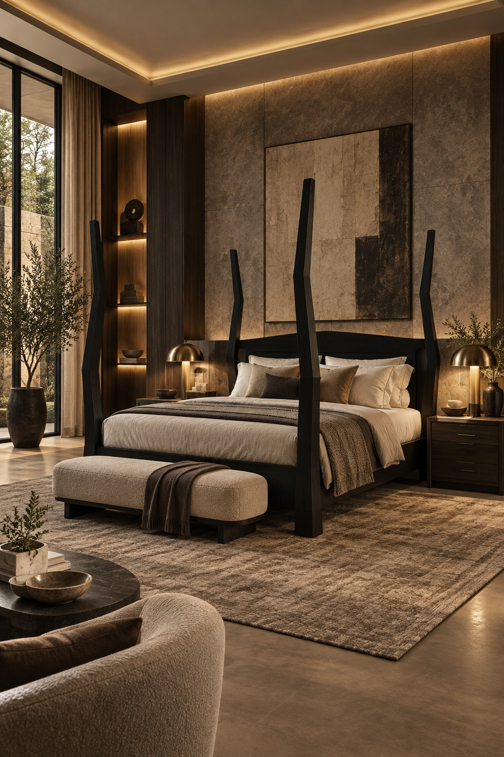 Okay, this bed is such a moment. The tall black four-poster frame gives the whole bedroom that dramatic, expensive hotel-suite look, but it still feels really warm when you style it with creamy bedding, soft textures, and wood tones. I love how it instantly becomes the focal point without needing a ton of extra decor around it. Such a good pick if you’re going for modern, moody, and super elevated. #WayfairFinds #FourPosterBed #LuxuryBedroom #BedroomInspo #ModernBedroom #MoodyBedroom #HomeDecorFinds 

 #LTKSeasonal #LTKHome #LTKSaleAlert