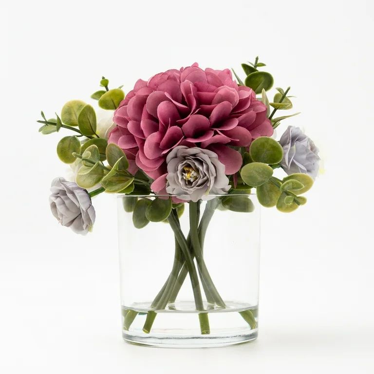 Better Homes & Gardens Mixed Faux Hydrangea Arrangement in Clear Glass Vase | Walmart (US)
