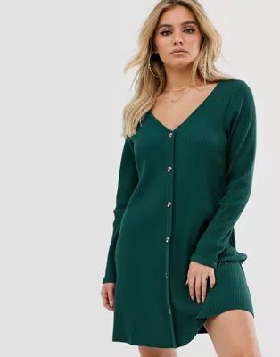 ASOS DESIGN super soft rib button through swing dress in green | ASOS (Global)