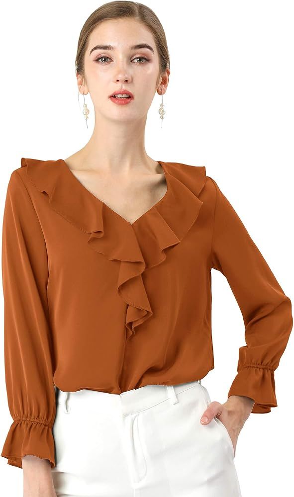 Allegra K Women's Peasant Top Office Work Chiffon Ruffle Neck Vintage Blouse | Amazon (US)