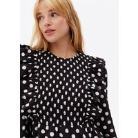 Black Spot Shirred Frill Long Sleeve Mini Dress New Look | New Look (UK)
