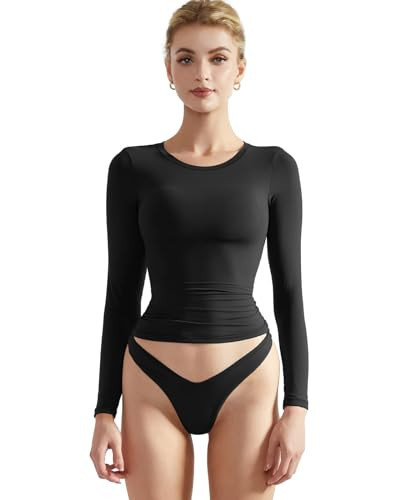 SUUKSESS Women Double Lined Fitted Basic Tee Shirts Crew Neck Long Sleeve Going Out Crop Tops (Jet Black, 2XL) | Amazon (US)