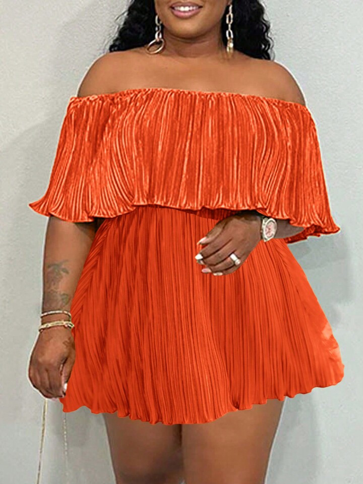 SHEIN Slayr Off-Shoulder Ruffled Neckline Loose Green Dress In Pleated Fabric | SHEIN