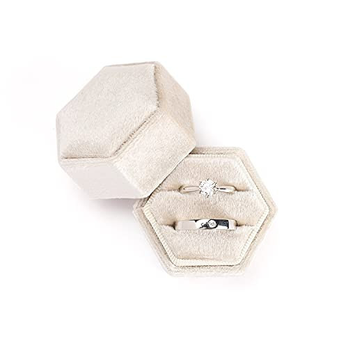 Etercycle Velvet Jewelry Ring Box, Hexagon Premium Gorgeous Vintage Double Ring Gift Box with Detachable Lid for Proposal Engagement Wedding Ceremony(Beige) | Amazon (US)
