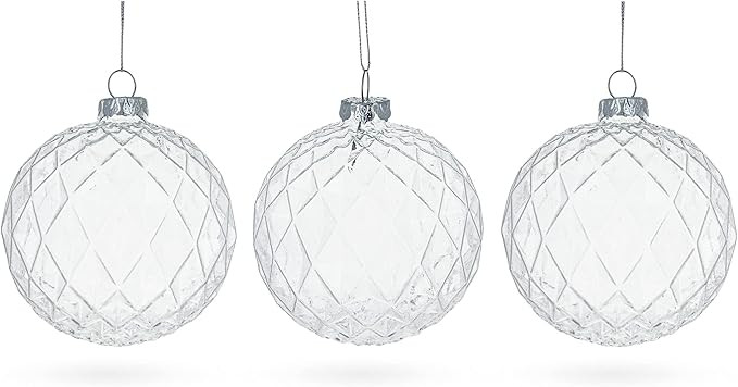 Trio of Ribbed Clear Blown Glass Ball Christmas Ornaments 3.5 Inches | Amazon (US)