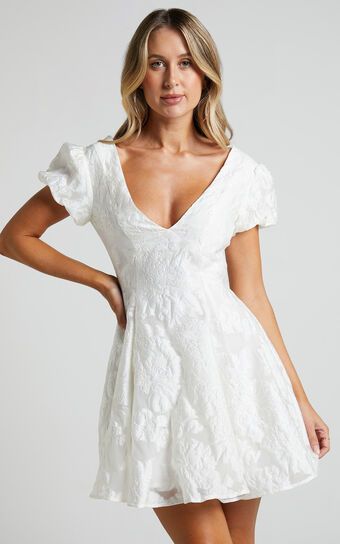 Brailey Jacquard Mini Dress - Puff Sleeve Dress in White | Showpo (US, UK & Europe)