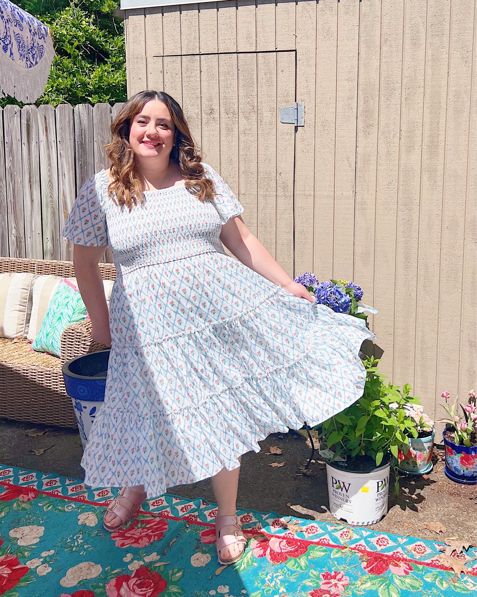Blue and white dress, pink velvet Birkenstock sandals, cottagecore dress, smocked dress, size inclusive brand, plus size dress, grand Millennial style, grand Millennial outfit 

#LTKFind #LTKcurves #LTKSeasonal