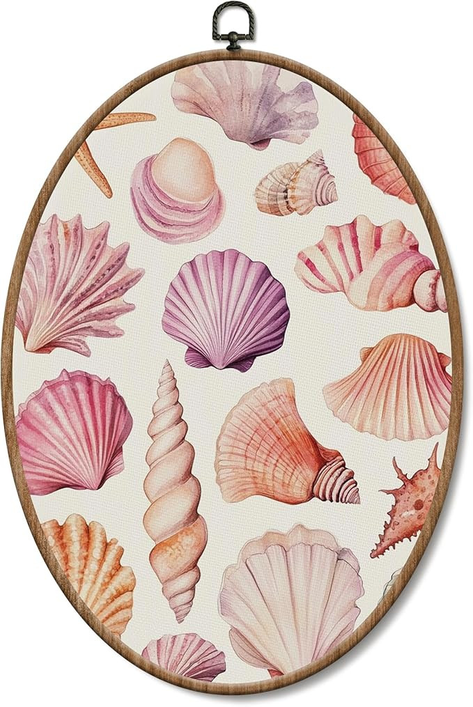 Yorhifa Pink Coastal Beach Framed Wall Art, Coastal Granddaughter Room Decor Oval Wall Art, Prepp... | Amazon (US)