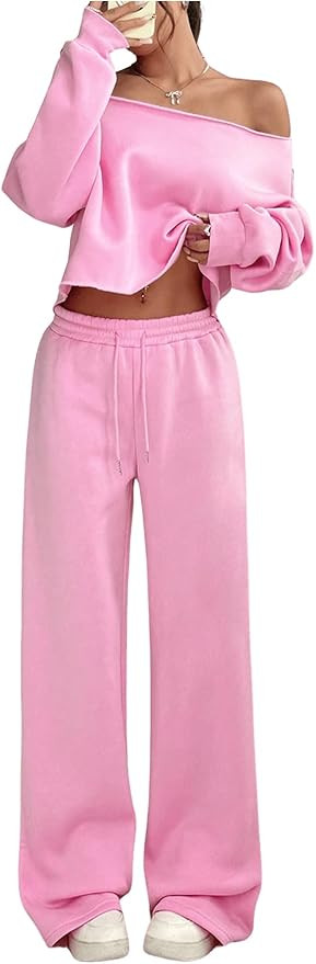 SOLY HUX Women's 2 Piece Outfits Fall Sweatsuits Off The Shoulder Crop Top Wide Leg Sweatpants Ca... | Amazon (US)