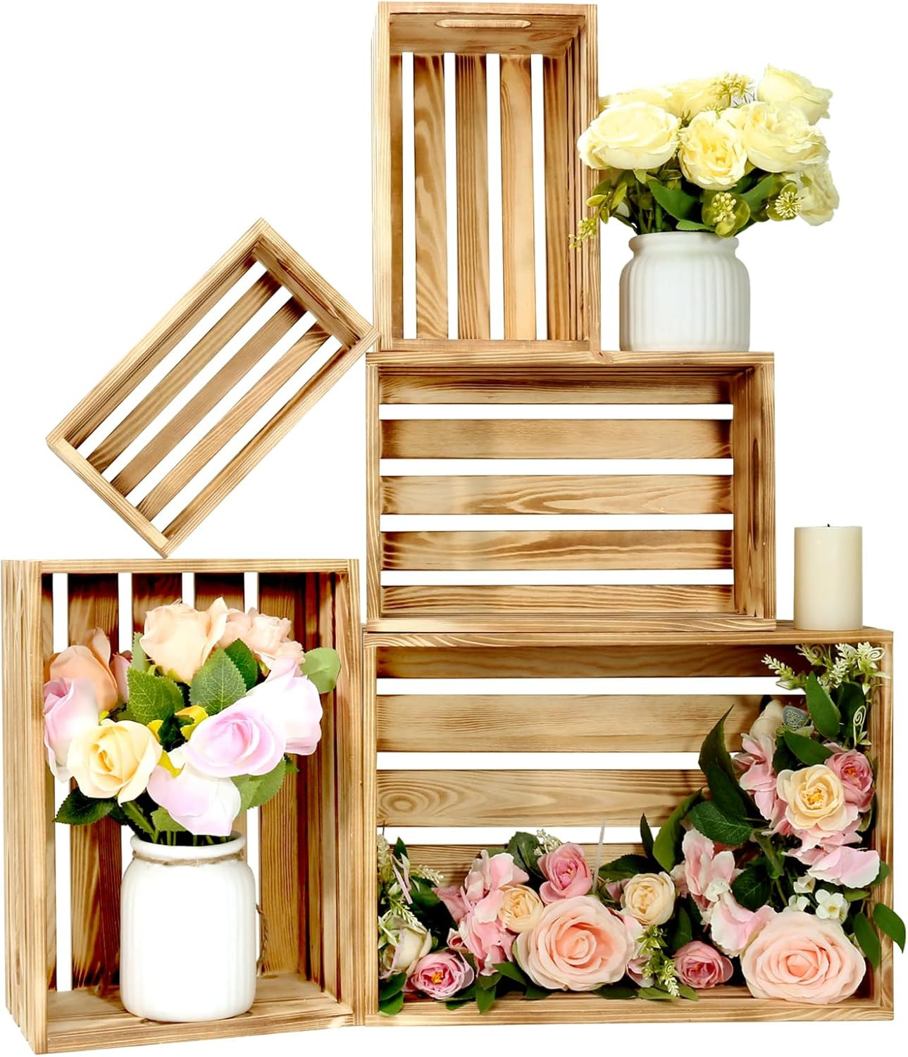 5 Pcs Decorative Wood Crates for Display, 5 Size Large Farmhouse Wooden Basket for Storage Contai... | Amazon (US)