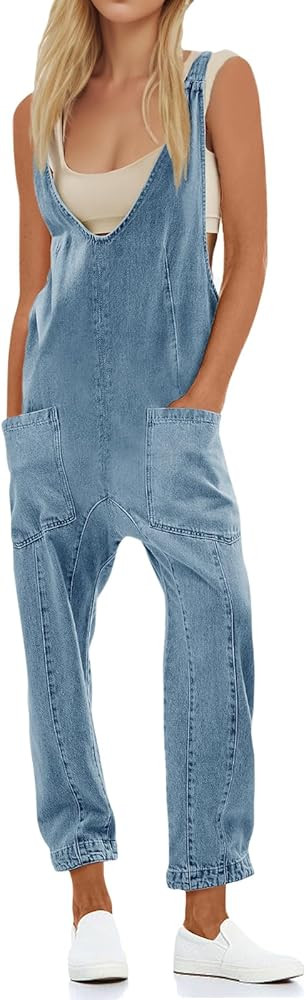 UNIANKIYA High Roller Denim Jumpsuit For Women Casual Sleeveless harem overalls scoop neckline Je... | Amazon (US)