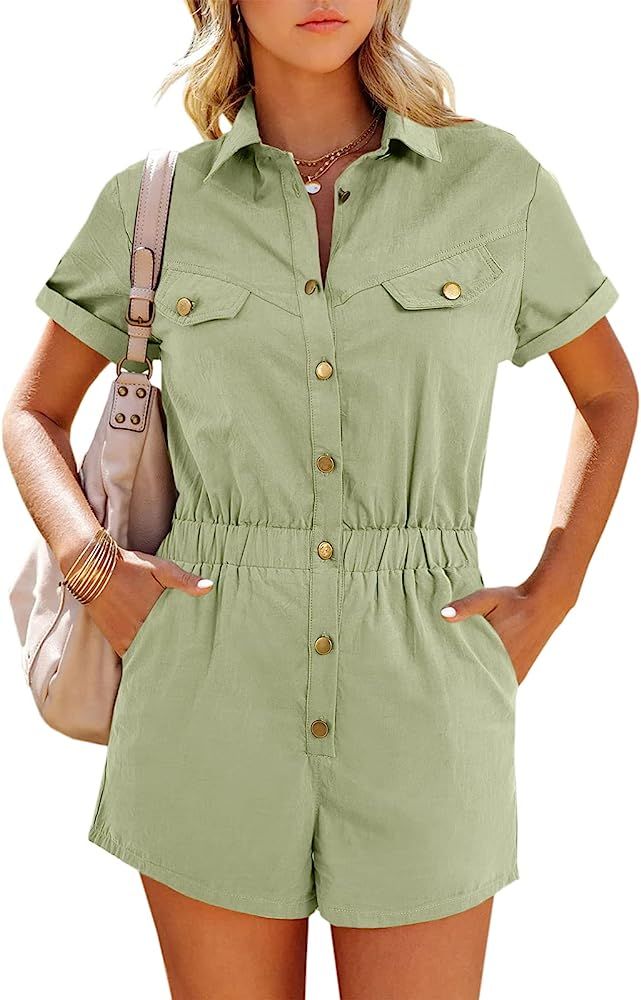 Womens Button Down Romper Casual Short Sleeve Elastic High Waist Cargo Jumpsuit Overall | Amazon (US)