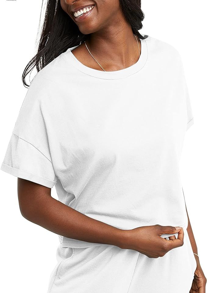 Hanes Women's Originals Boxy T-Shirt with Rolled Sleeves, 100% Cotton Crop Top | Amazon (US)
