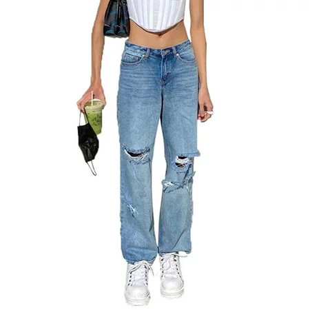 Women High Waisted Baggy Ripped Jeans Boyfriend Fashion Large Denim Baggy Jeans for Girls | Walmart (US)