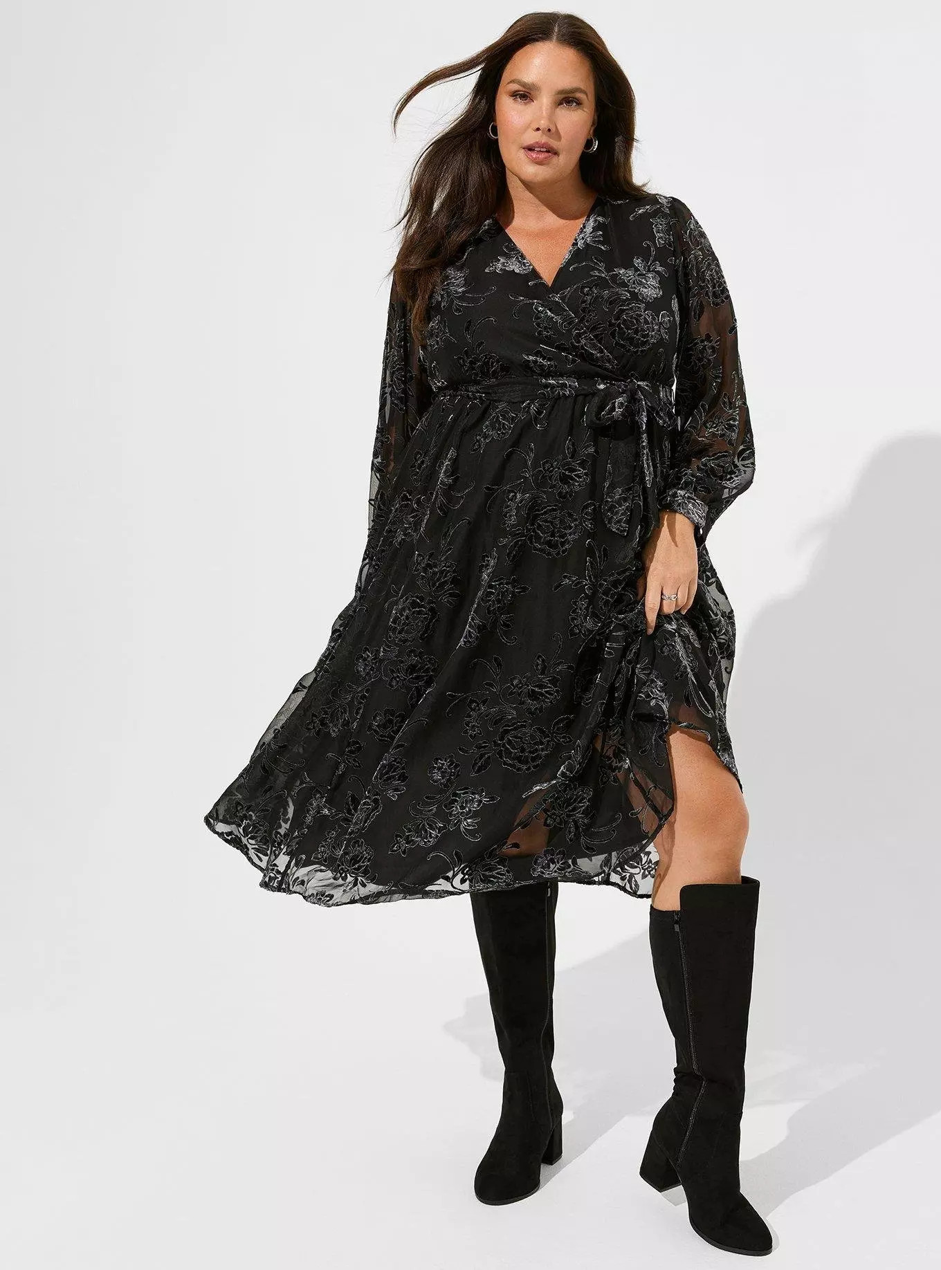 Midi Burnout Velour Blouson Surplice Dress | Torrid (US & Canada)