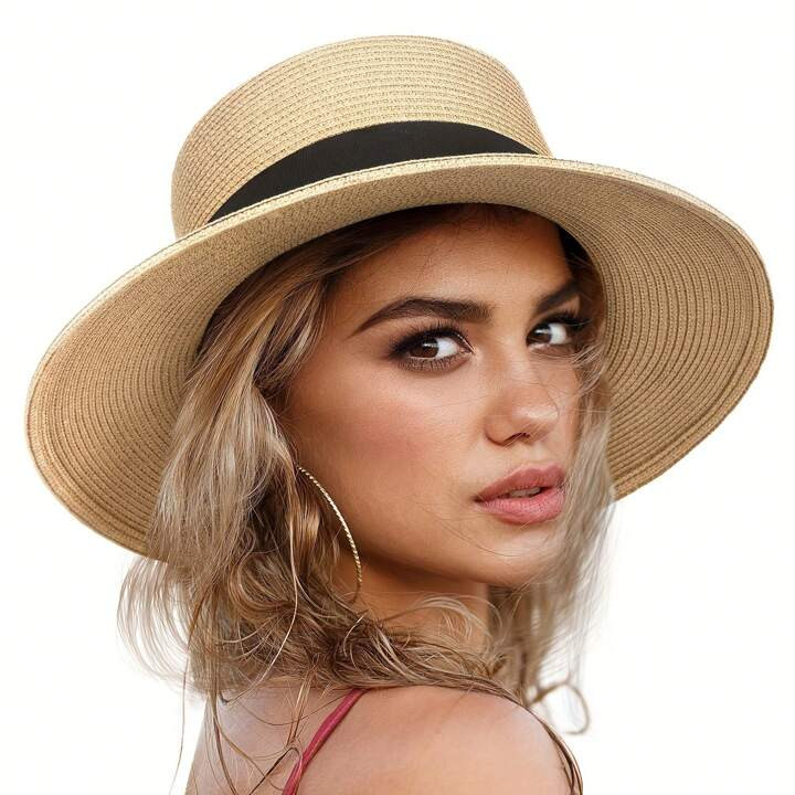 1pc Classic Flat Top Sun Hat Classic Solid Color Straw Jazz Hat Elegant French Style Summer Beach... | SHEIN