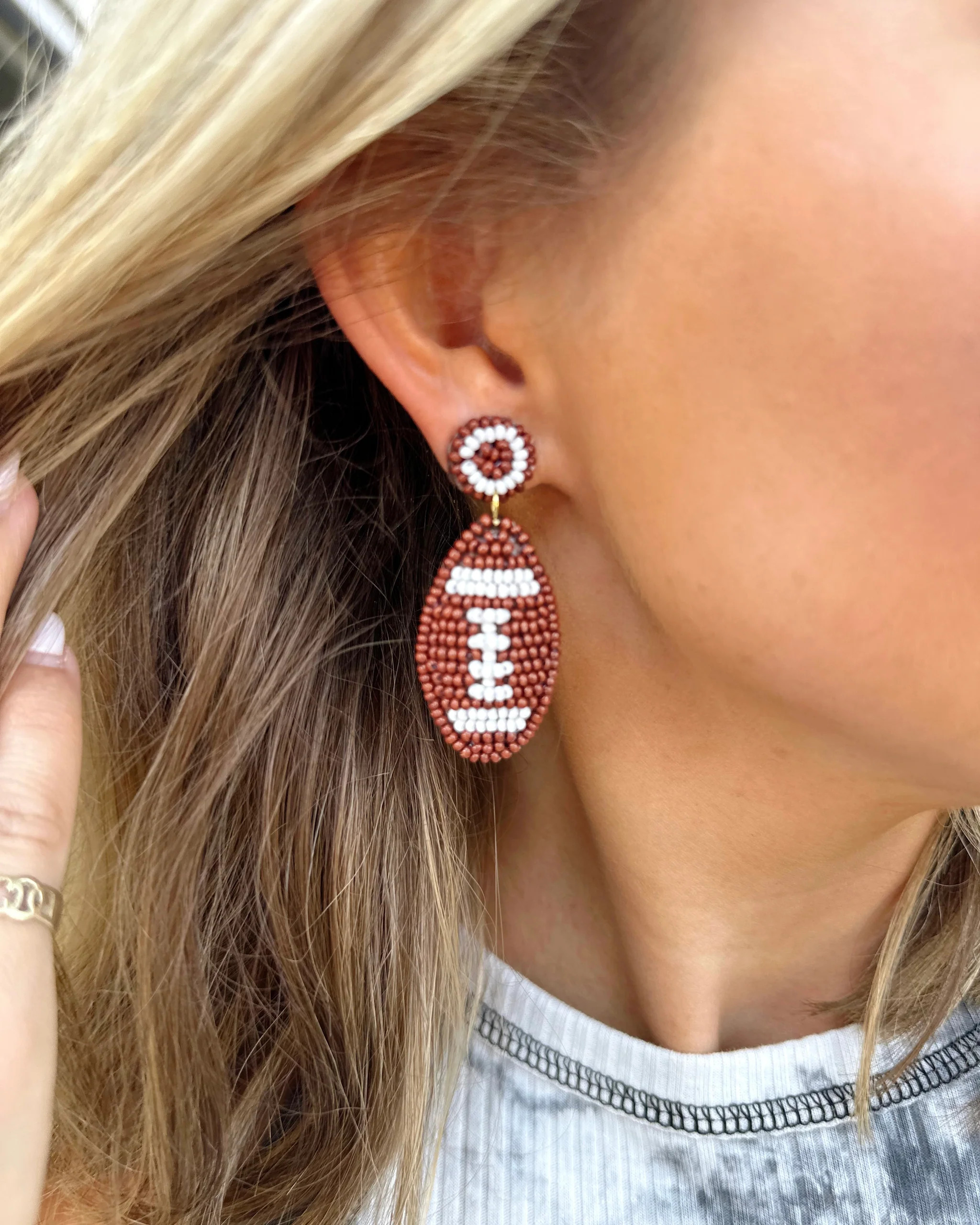 White Circle Top Brown Beaded Football Earrings | Live Love Gameday®