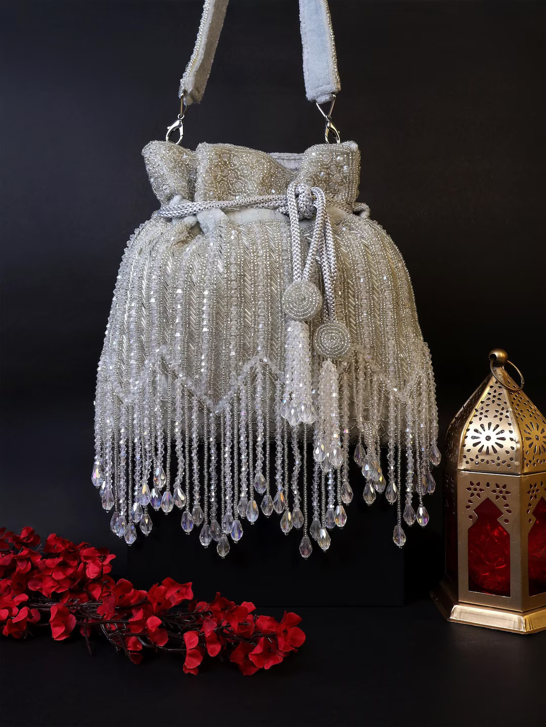 Silver Potli Bag With Crystal Tassels and Cutdana Beads Embellishments, Bridal Purse, Wedding Clu... | Etsy (US)