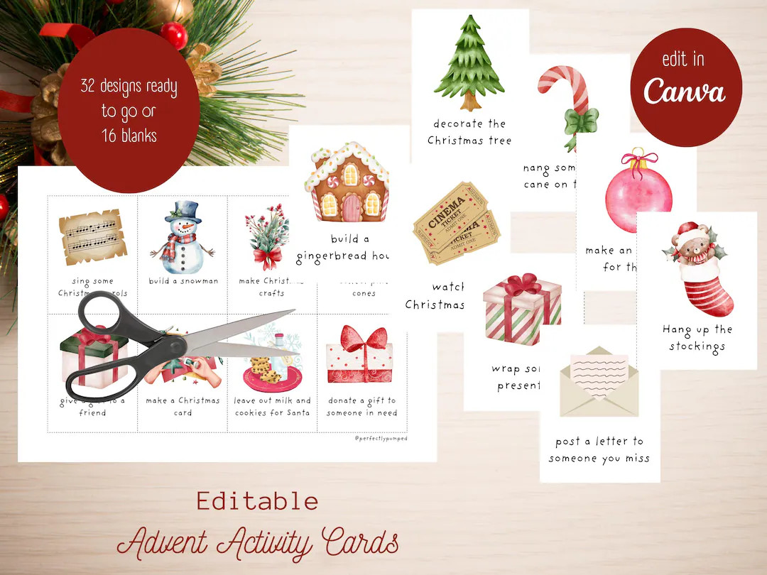Editable Christmas Advent Activity Cards: Watercolor Illustrations (Canva Template) | Etsy (US)