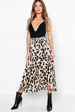 Leopard Satin Wrap Midaxi skirt | Boohoo.com (US & CA)