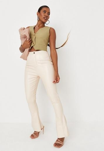 Missguided - Cream Faux Leather Kick Flare Pants | Missguided (US & CA)