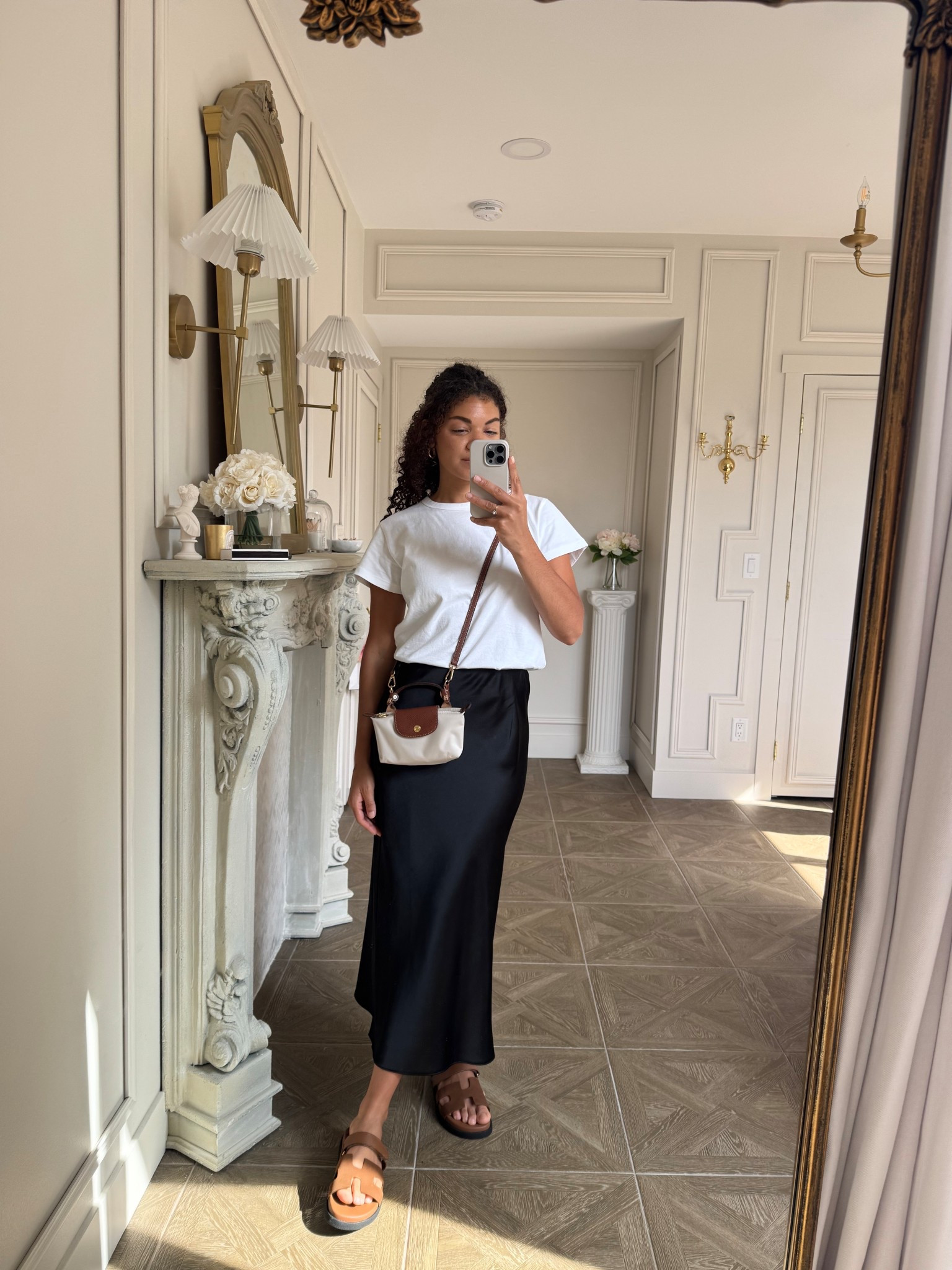 Black slip skirt outfit with a white t-shirt and sandals 

#LTKootd