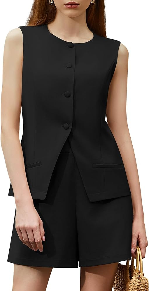 Women's Summer 2 Piece Outfits Sleeveless Round Neck Button Down High Waisted Pants 2024 Business... | Amazon (US)