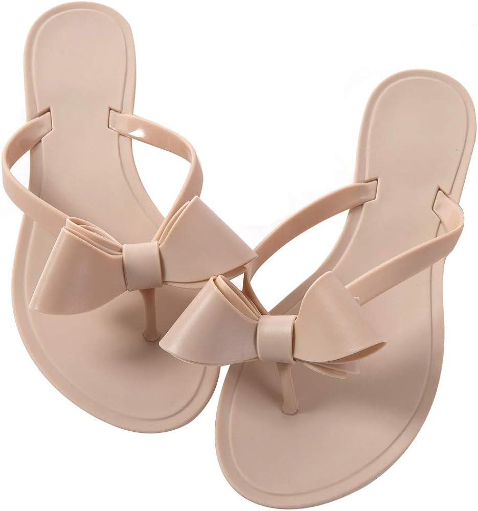 Mtzyoa Women Stud Bow Flip-Flops Sandals Beach Flat Rivets Rain Jelly Shoes | Amazon (US)