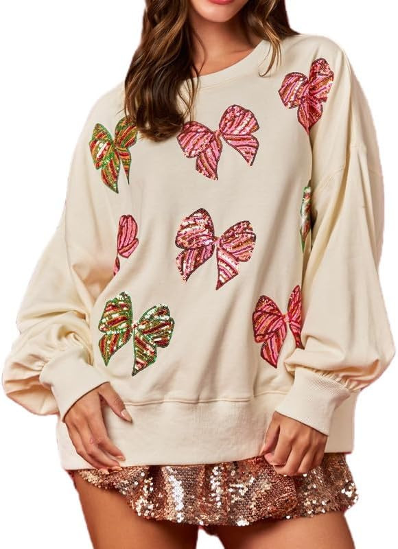 Women Christmas Sequin Oversized Sweatshirt Cute Funny Christmas Graphic Pullovers Long Sleeve Cr... | Amazon (US)