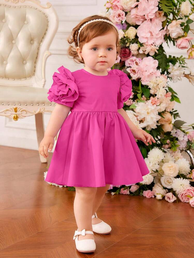 SHEIN Baby Girl Sweet Cute Princess Style Ruffle Trim Short Sleeve Dress | SHEIN