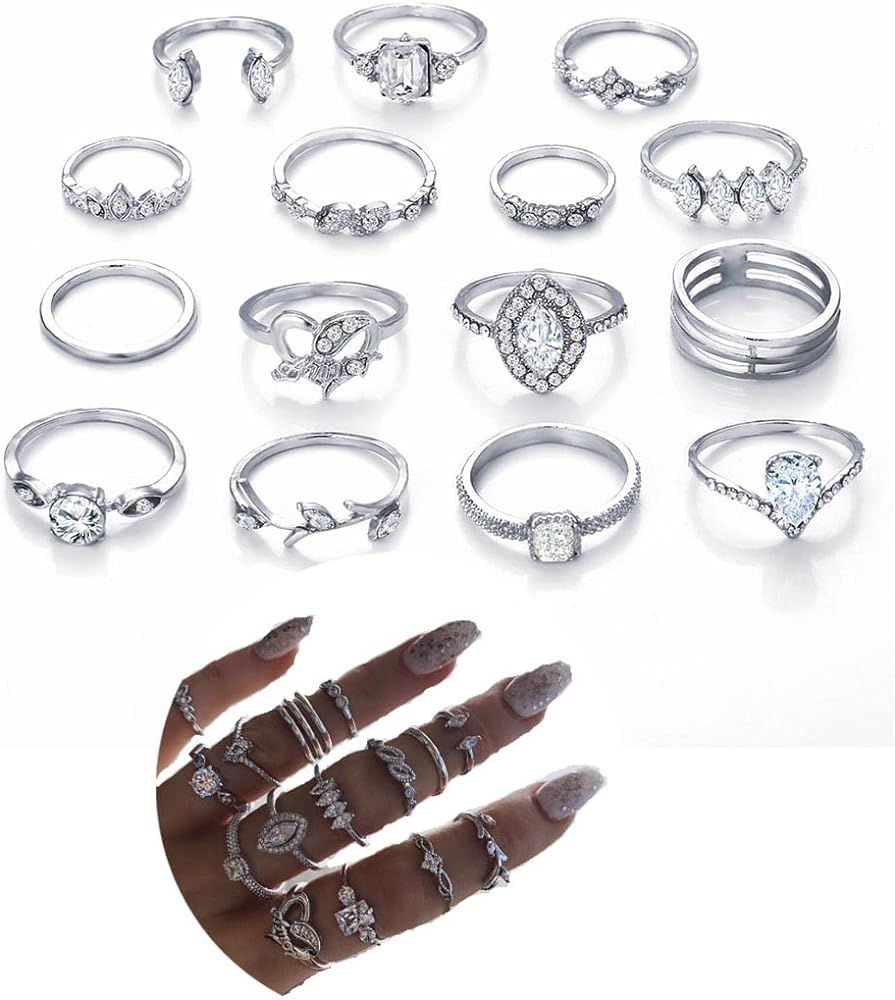 Simsly Vintage Kunckle Ring Stackable Silver Joint Nail Ring Crystal Knuckle Rings Set for Women and | Amazon (US)