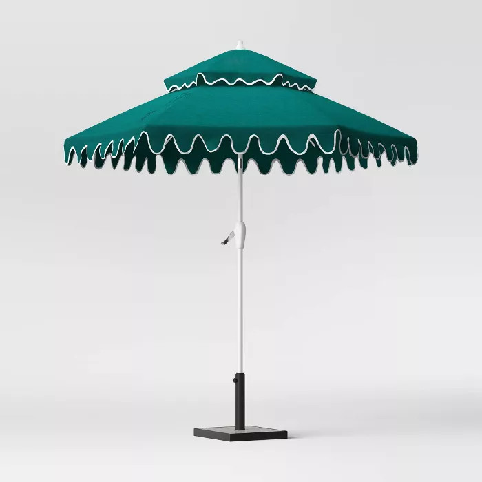 9' Round Double Tier Scalloped Edge Patio Umbrella Teal - White Pole - Opalhouse™ | Target
