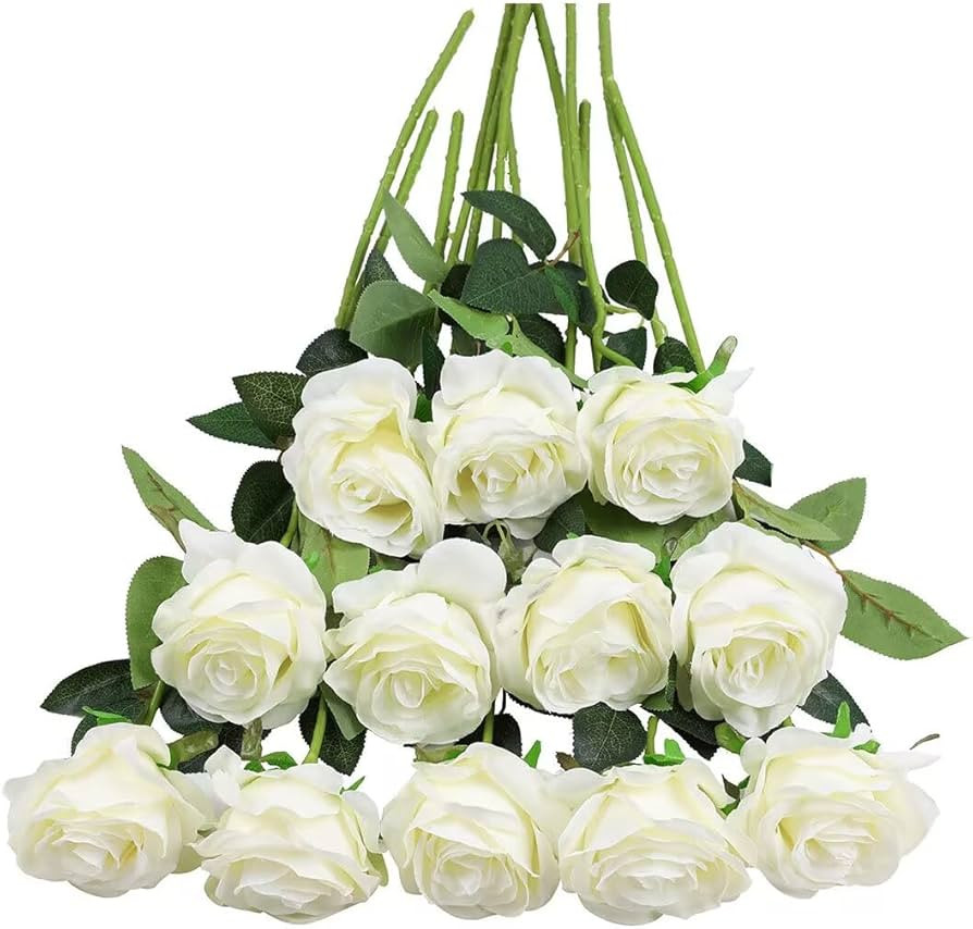 Tifuly White Roses Artificial Flowers -12 pcs Realistic Single Long Stem Fake Silk Roses Bouquet ... | Amazon (US)