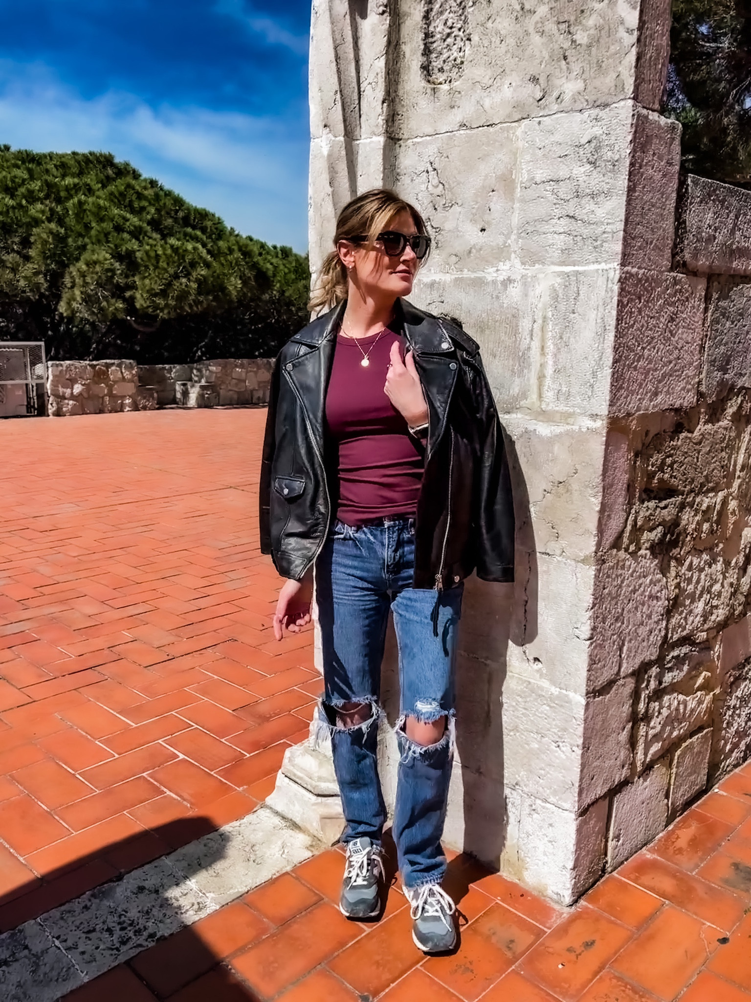 Portugal weather is 👌🏻 The leather jacket makes me feel very Euro & these shoes have to be the most comfortable sneaker I’ve owned. They’re selling out fast! I love how soft this Skims long sleeve is. Perfect for layering in spring weather!! 🫶 

#LTKshoecrush #LTKeurope #LTKSeasonal