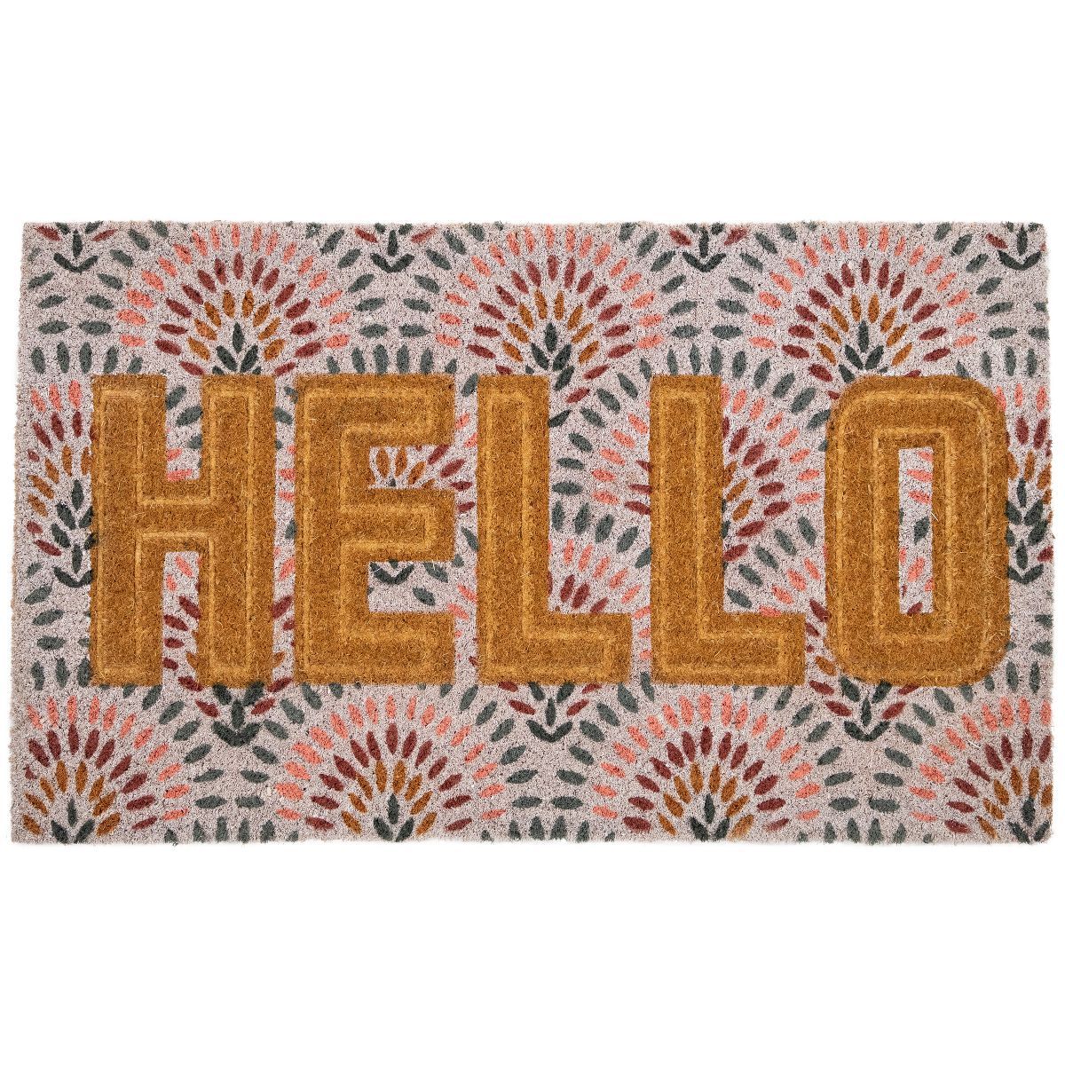 Northlight Brown and Pink "Hello" Floral Coir Outdoor Doormat 18" x 30" | Target