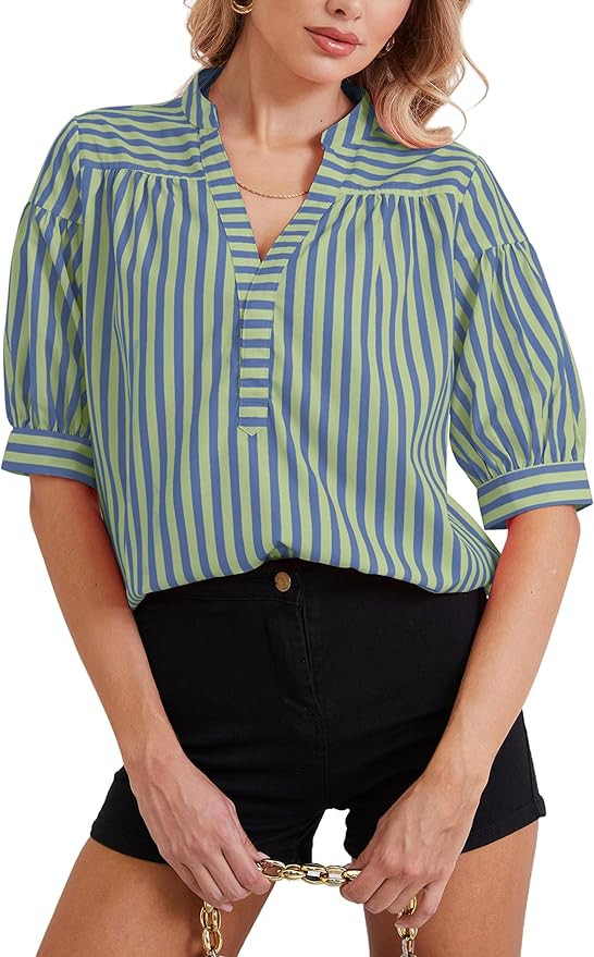 Women Puff Short Sleeve Blouses Striped V Neck Loose Business Casual Shirts Office Work Dressy T ... | Amazon (US)