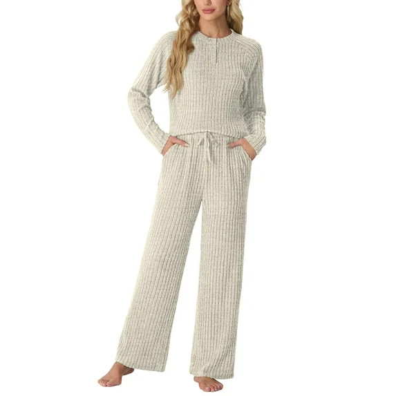 MINTREUS Women's Pajama Set Long Sleeve Lounge Set Ribbed knit Sleepwear Two Piece Pjs Set with P... | Walmart (US)