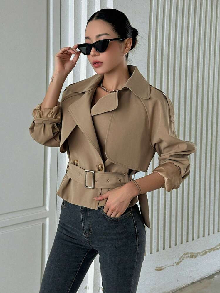 DAZY Raglan Sleeve Buckle Belted Trench Coat,Fall Clothes Women Jacket | SHEIN