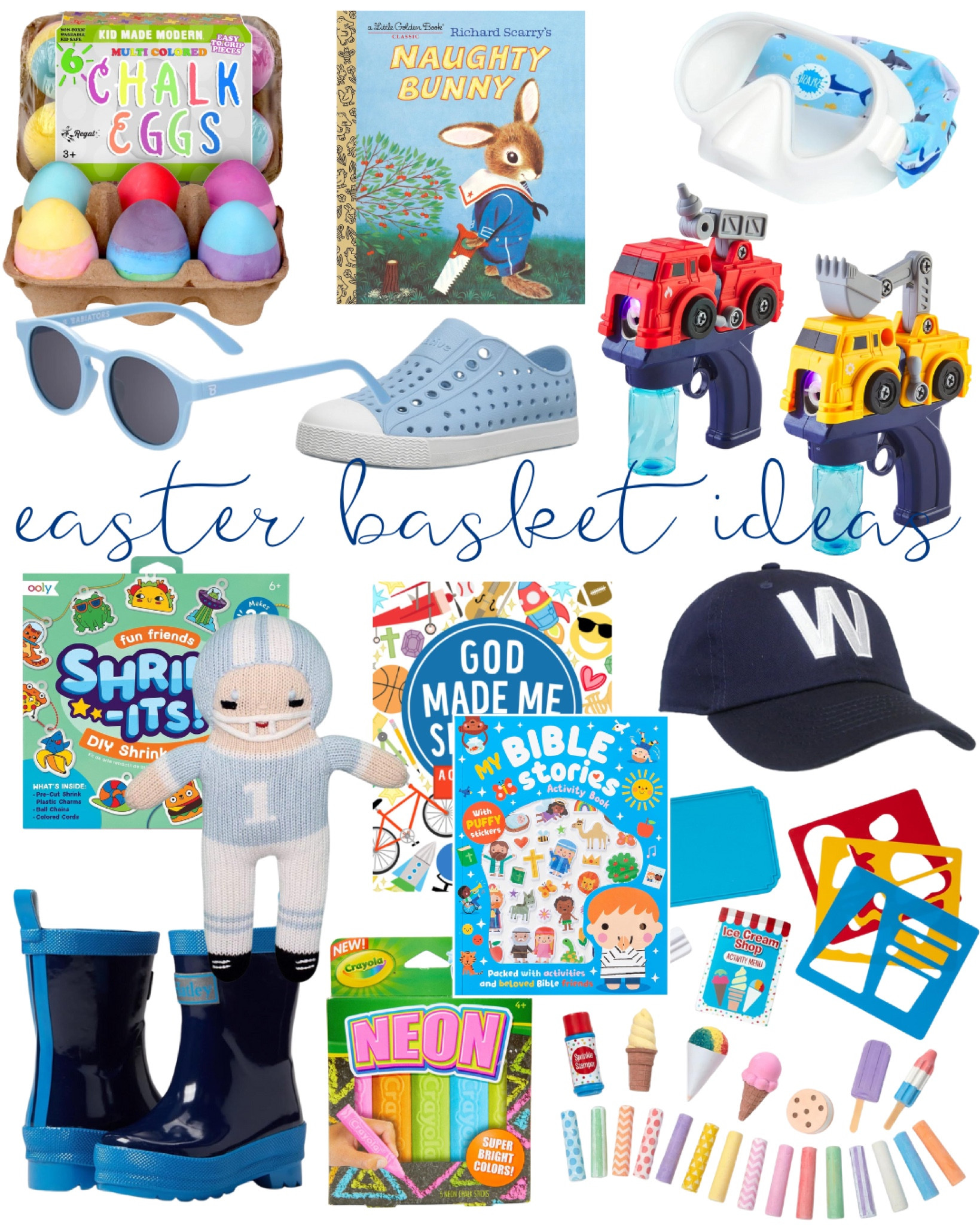 Easter basket ideas | Easter 2024 | bunny | basket | kids | eggs | springtime | sunglasses | truck | hat | bible stories | art kit | bunny book | rainboots | chalk set | goggles | native shoes | pool toys | plush toy 

#LTKSpringSale #LTKbaby #LTKkids