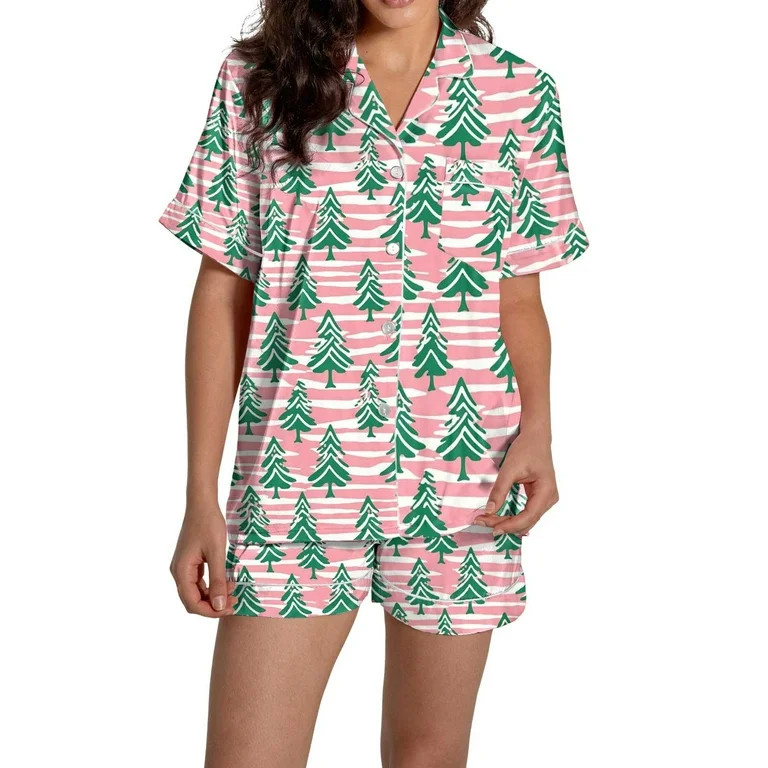 Christmas Pink Womens Pajama Sets Women Pajamas Graphic Printed Silk Satin Cute Sleepwear Buttons... | Walmart (US)