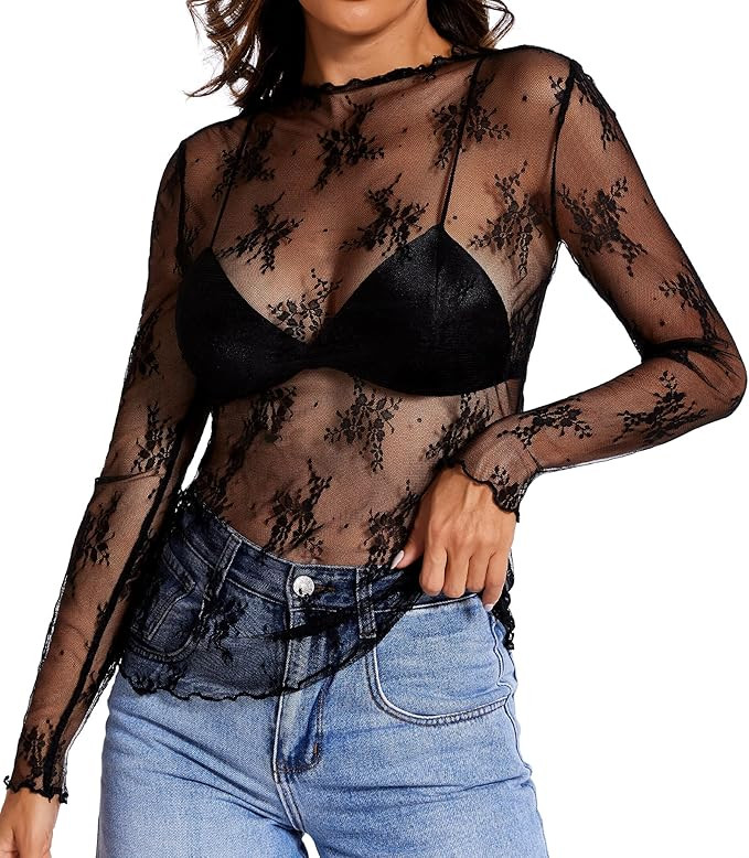Womens Lace Long Sleeve Mesh Top Mock Neck Sheer Blouse See Through Floral Layering Shirt | Amazon (US)