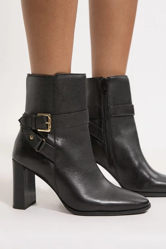 Leather Block Heel Buckle Ankle Boot | Karen Millen US