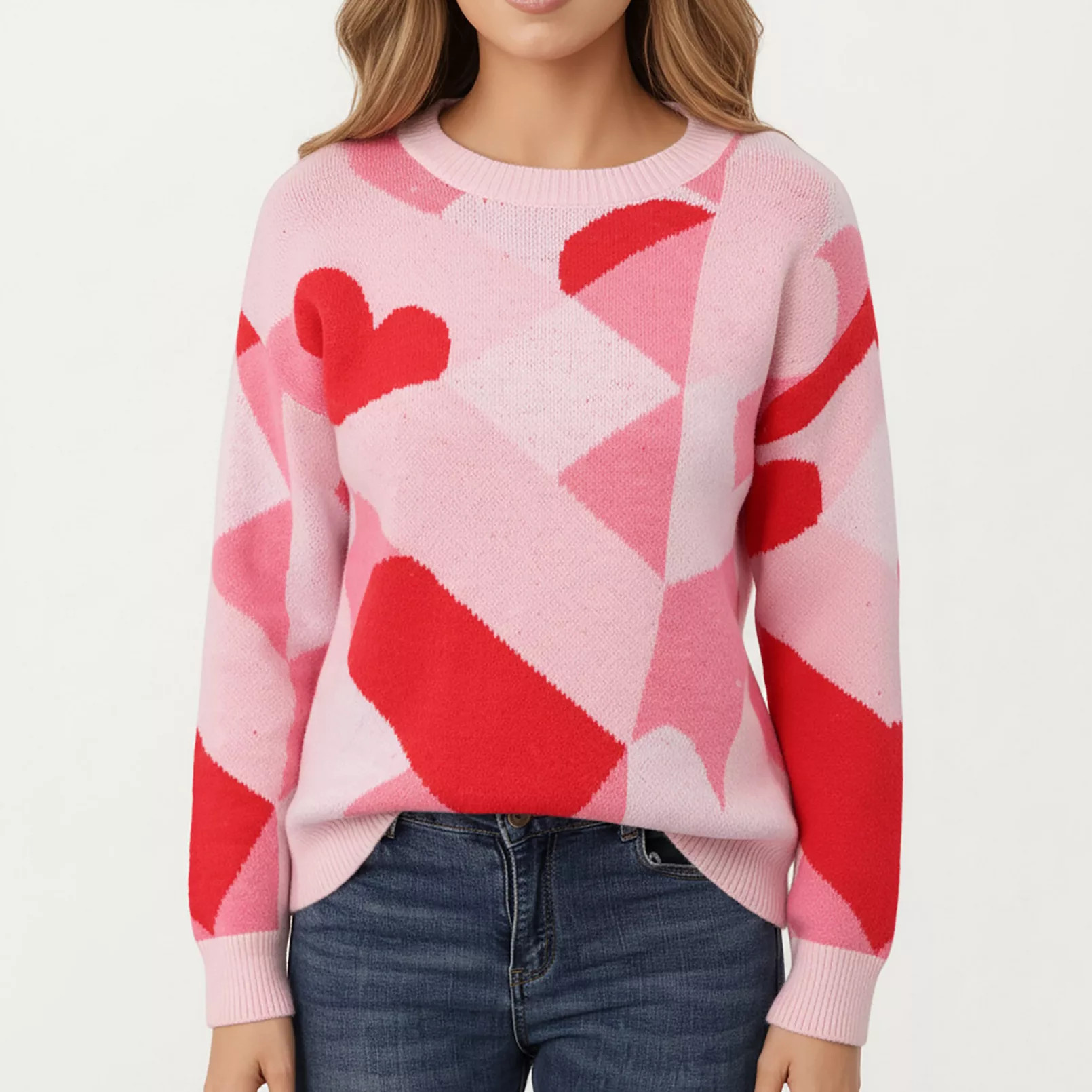 Women's Abstract Heart Pattern Knit Sweater with Long Sleeves and Comfortable Relaxed Everyday Fi... | Kohl's