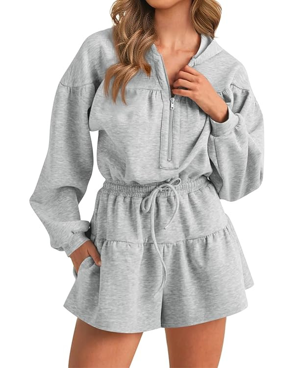 Cicy Bell Womens Rompers Casual One Piece Outfits Half Zip Long Sleeve Hoodies Casual Shorts Draw... | Amazon (US)