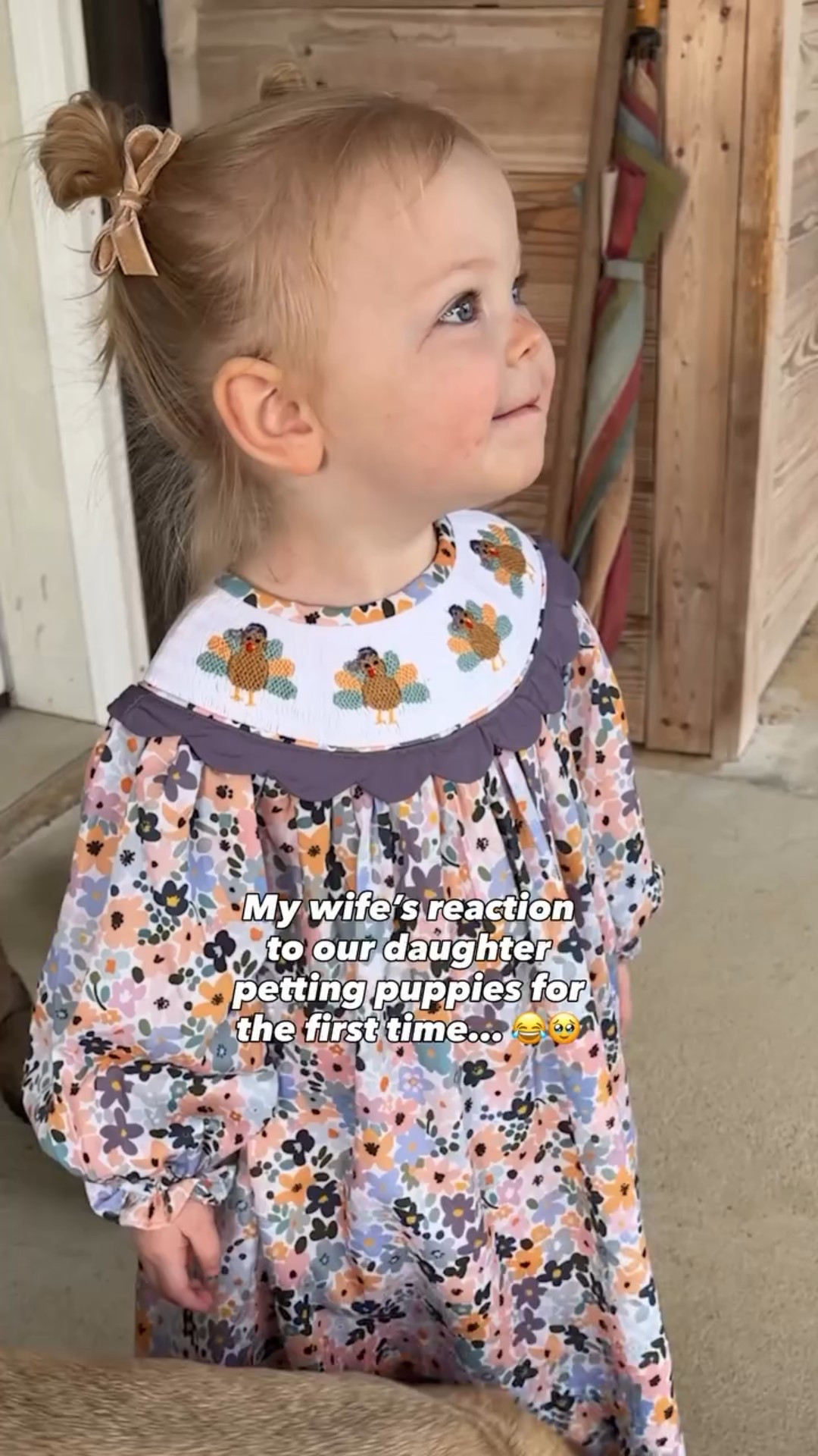 We are at our families house for thanksgiving and they have dogs! We realized that Ellie has never really pet a puppy. So we took her out to play with them. She loved the puppy and was trying to pet them! It was so fun watching her run around, and then she sat down. And the dogs immediately started trying to lick her! It was so cute seeing her play with the dogs! But not enough to ever get a dog! 😂❤️

#LTKmomlife #LTKHoliday #LTKootd