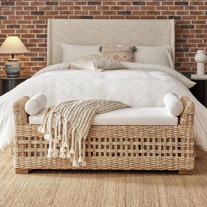 HULALA HOME Rattan Storage Bench, Upholstered End of Bed Ottoman Bench with Upholstered Arm & Sol... | Amazon (US)